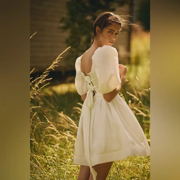 BHLDN Chloe Puff-Sleeve Square-Neck Jacquard Mini Dress - Picture 3 of 3